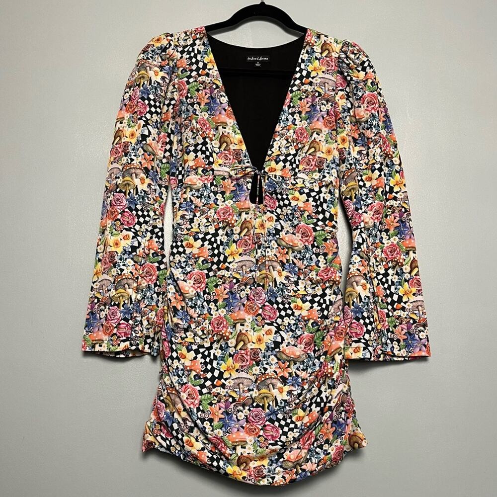 For Love & Lemons June Mushroom Wonderland Bell Sleeve Ruched Mini Dress Size S